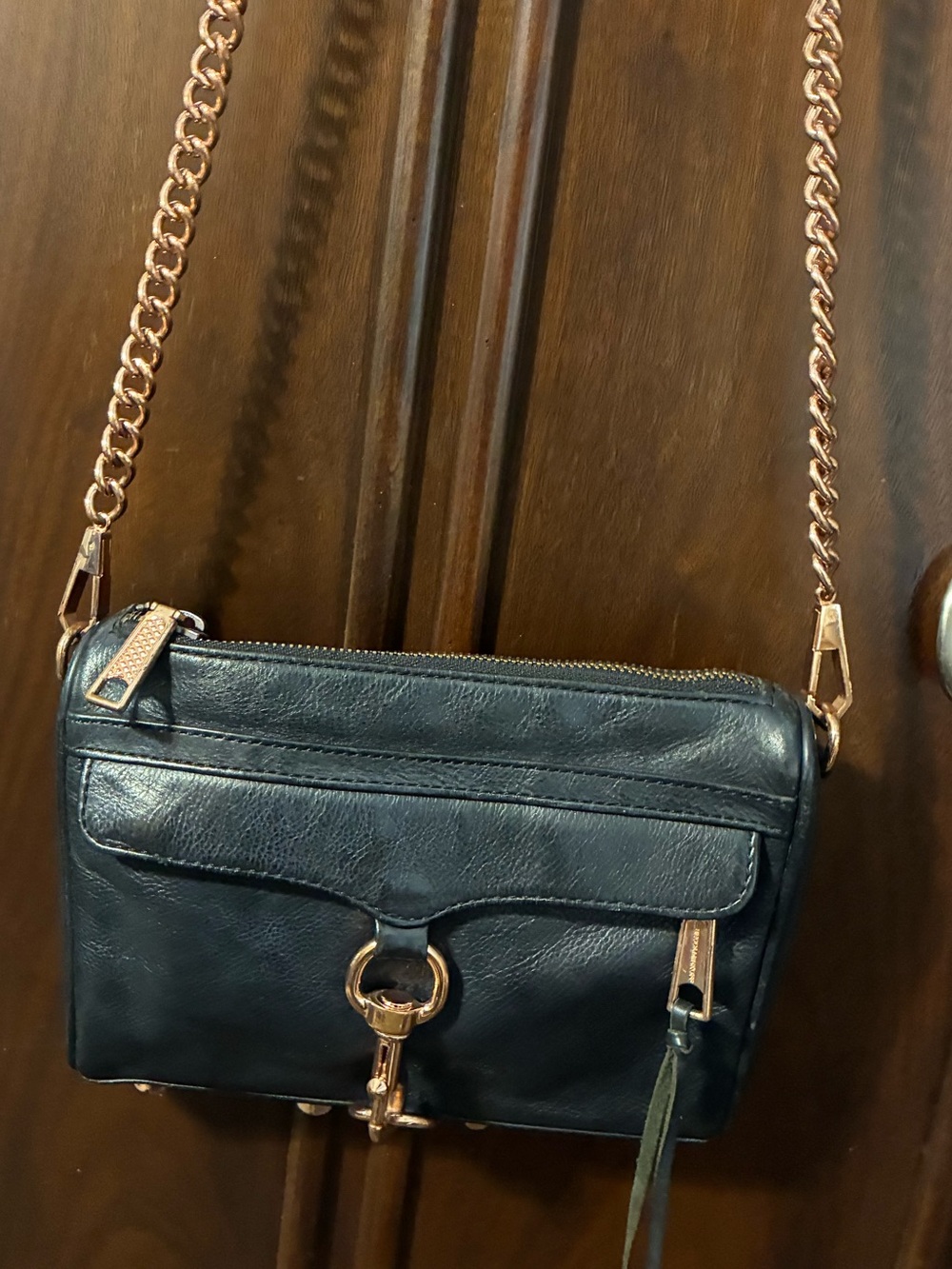 Rebecca Minkoff Black Leather Crossbody with Gold Chain